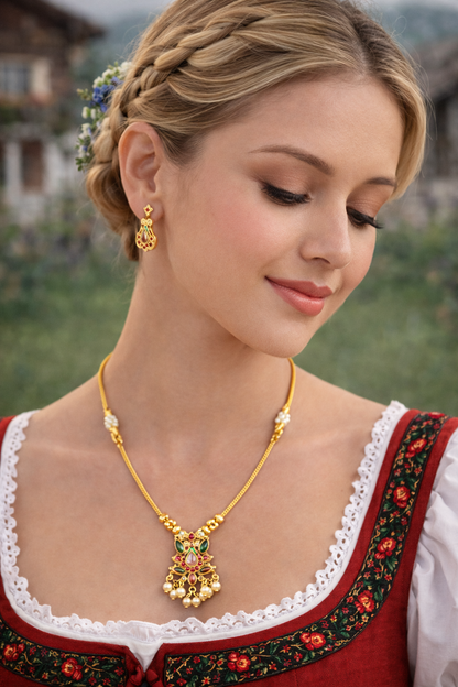 Vellorene Regal Kundan Pearl Drop Necklace Set – Heritage Gold Statement Jewellery