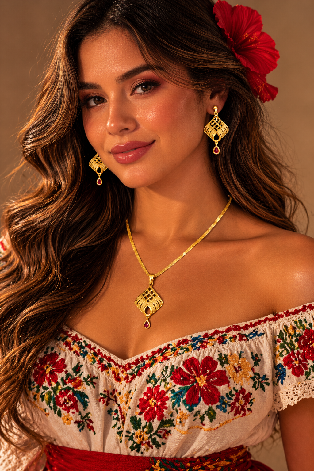 Vellorene Ruby Drop Geometric Pendant Set – Gold Tone Designer Necklace
