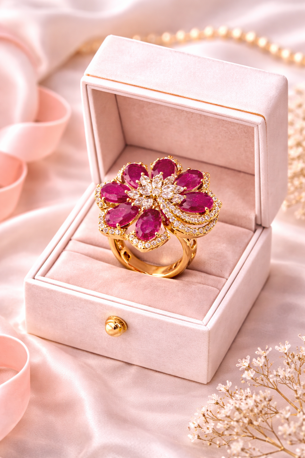 Vellorene Ruby Bloom Crystal Ring – Gold-Tone Designer Fashion Jewellery