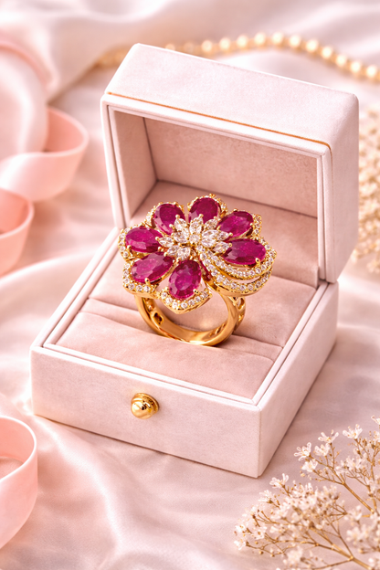 Vellorene Ruby Bloom Crystal Ring – Gold-Tone Designer Fashion Jewellery