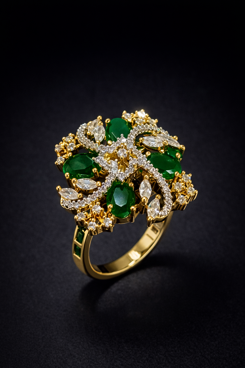 emerald floral statement ring with crystal detailing. Premium Vellorene fashion jewellery for global boutique and export buyers.