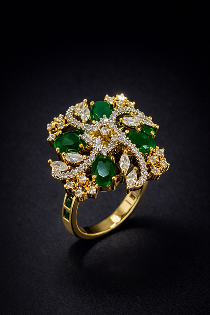 emerald floral statement ring with crystal detailing. Premium Vellorene fashion jewellery for global boutique and export buyers.