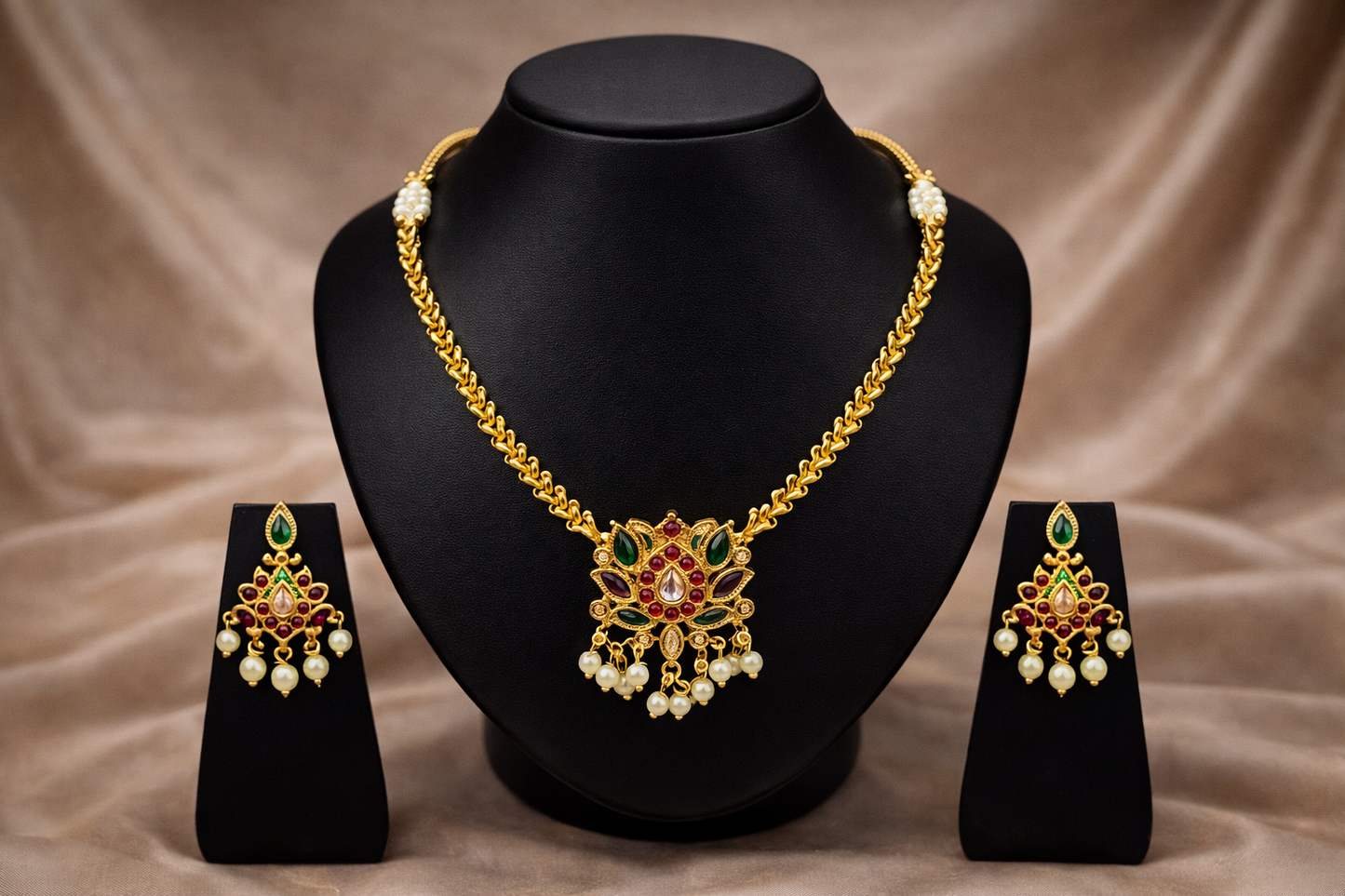 Vellorene Regal Kundan Pearl Drop Necklace Set – Heritage Gold Statement Jewellery