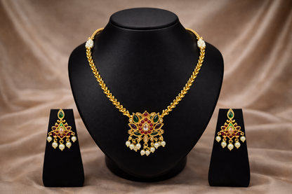 Vellorene Regal Kundan Pearl Drop Necklace Set – Heritage Gold Statement Jewellery
