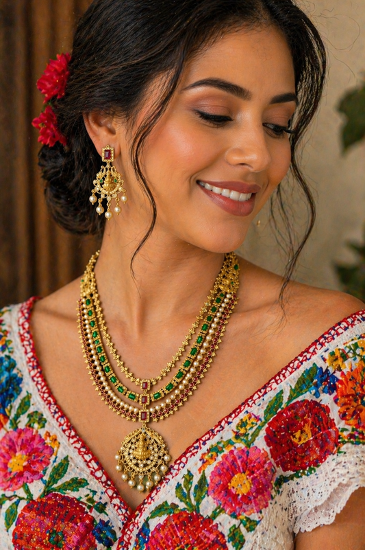 Vellorene Grand Heritage Layered Temple Necklace Set