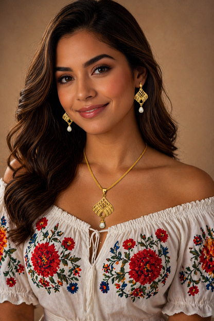 Vellorene Aurelia Pearl Drop Pendant Set – Gold Tone Elegant Necklace
