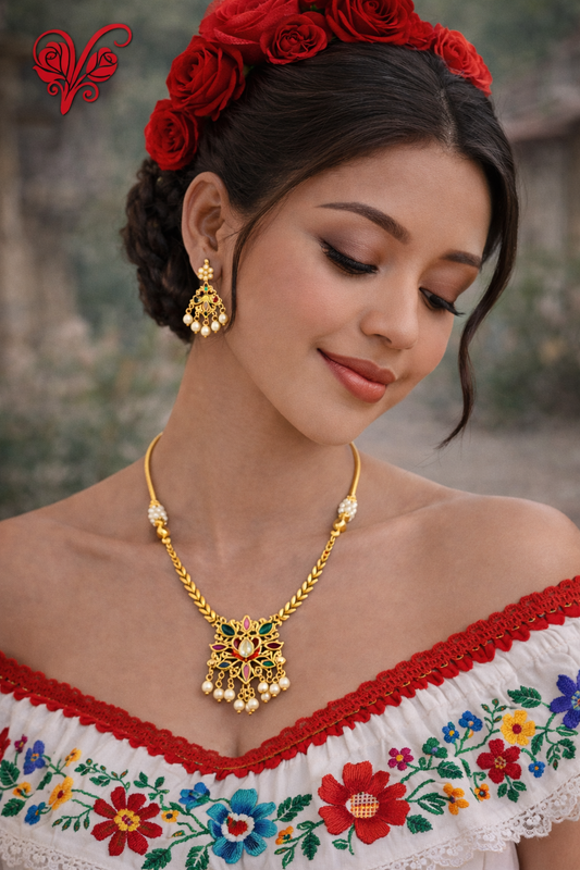 kundan pearl drop necklace set with red green stones gold tone vellorene jewellery
