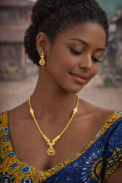 gold drop pendant necklace set minimal vellorene jewellery with matching earrings