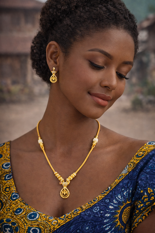 gold drop pendant necklace set minimal vellorene jewellery with matching earrings