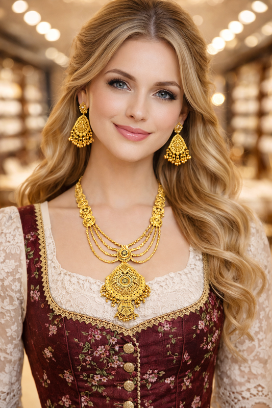 Vellorene Regal Heritage Layered Necklace Set – Gold Tone Statement Jewellery
