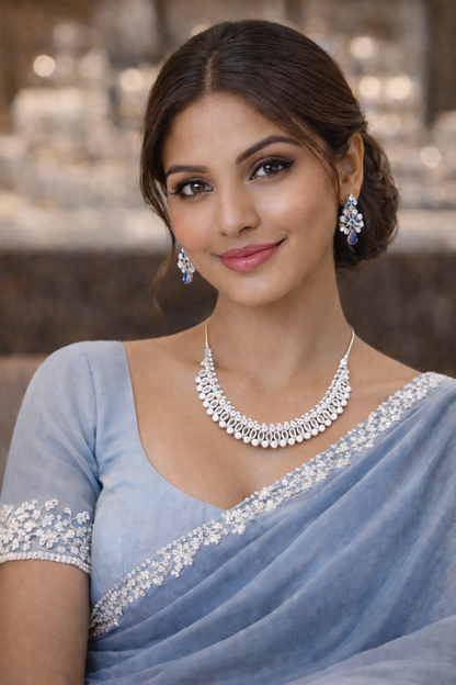 Vellorene Pearl Crystal Choker Necklace Set – Elegant Silver Tone Luxury Jewellery