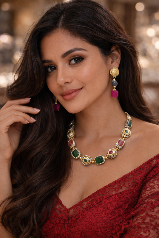 multicolor stone statement necklace set green ruby vellorene jewellery with matching earrings