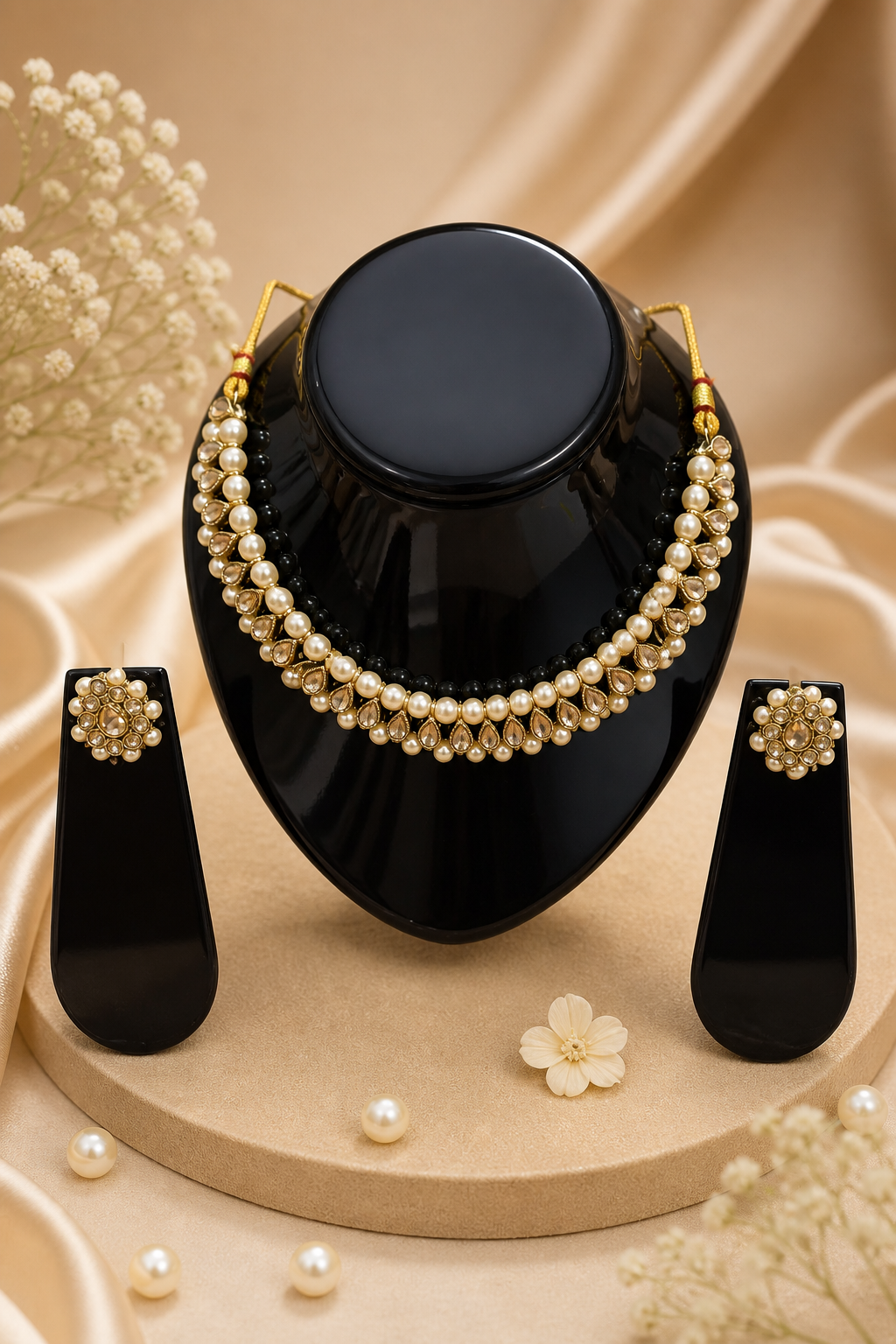 black bead pearl necklace gold detailing elegant jewelry set with matching earrings