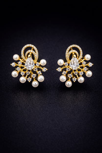 Vellorene Crystal Pearl Statement Earrings – Gold-Tone Fashion Jewellery