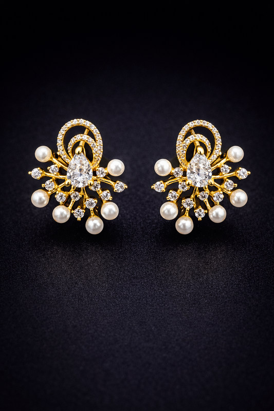 Vellorene Crystal Pearl Statement Earrings – Gold-Tone Fashion Jewellery