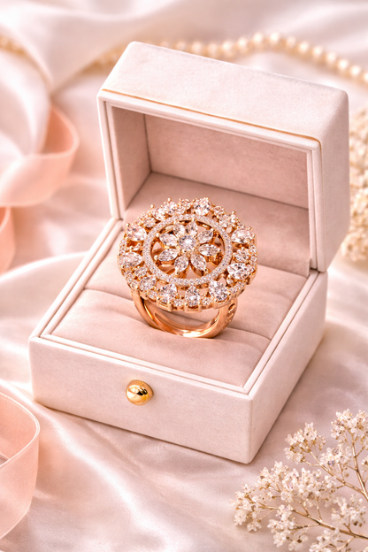 Vellorene Rose Halo Crystal Ring – Rose Gold Designer Fashion Jewellery