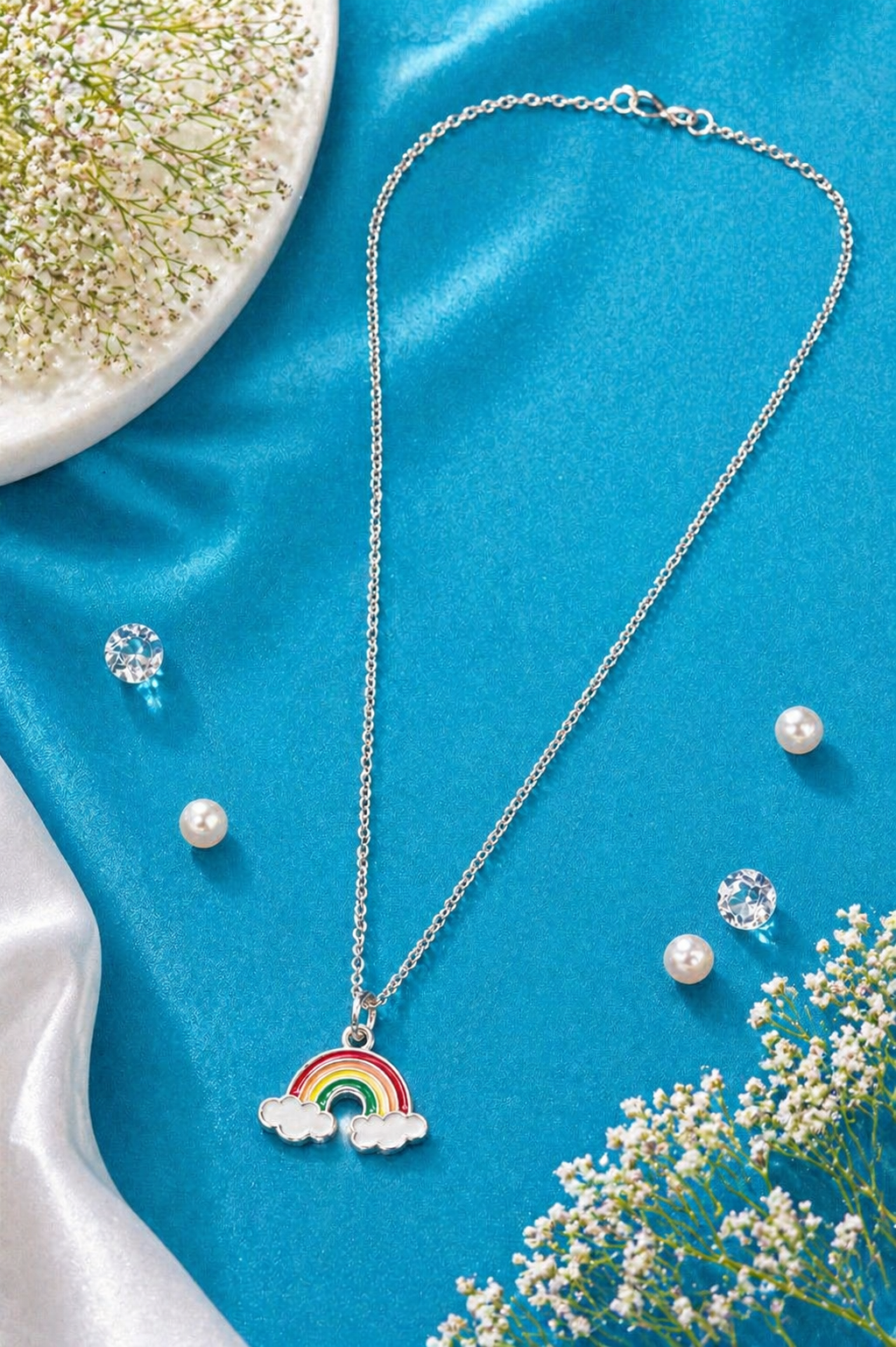 Rainbow cloud charm necklace with silver chain, colorful minimal jewelry for everyday wear