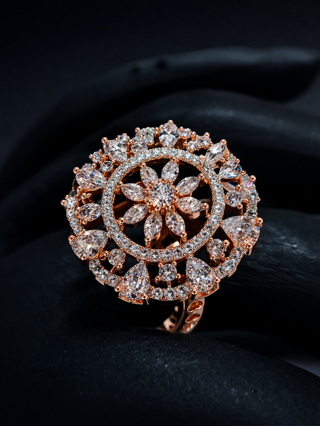 Shop rose gold halo crystal ring by Vellorene. Modern designer fashion jewellery with premium finish, perfect for gifting and global collections.