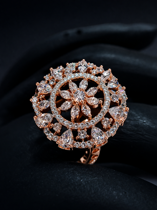Shop rose gold halo crystal ring by Vellorene. Modern designer fashion jewellery with premium finish, perfect for gifting and global collections.