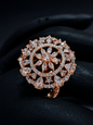 Shop rose gold halo crystal ring by Vellorene. Modern designer fashion jewellery with premium finish, perfect for gifting and global collections.