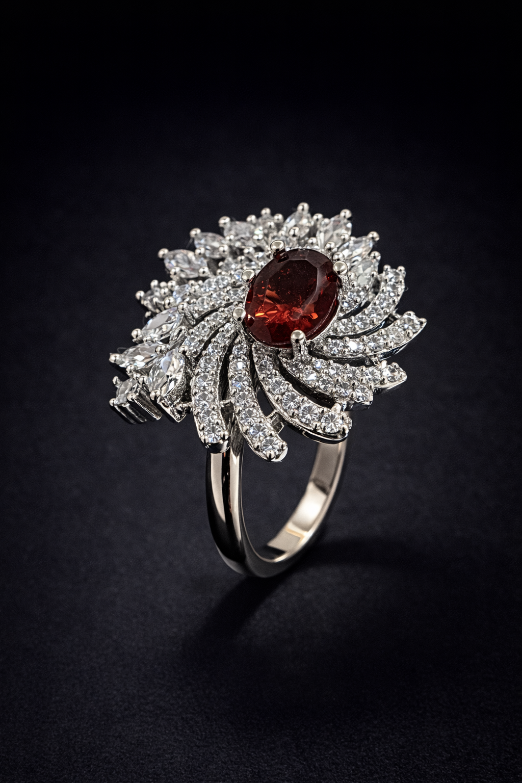 Vellorene Royal Ruby Crystal Statement Ring – Silver-Tone Designer Fashion Jewellery
