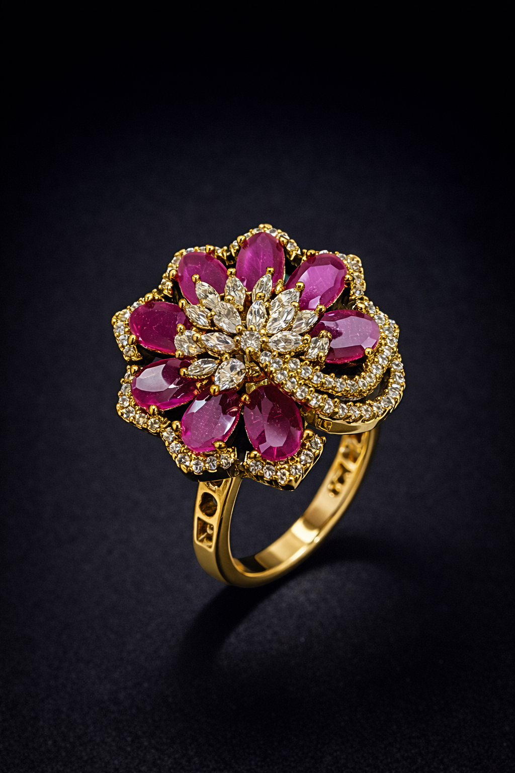 Shop ruby floral crystal ring by Vellorene. Elegant gold-tone fashion jewellery with vibrant design, perfect for gifting and export collections.