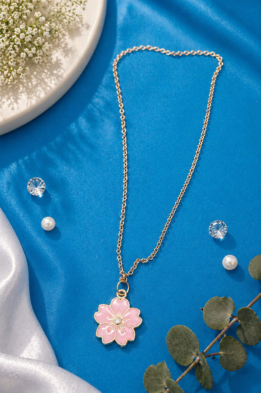 Pink floral enamel charm necklace with gold chain, delicate sakura inspired jewelry for everyday wear