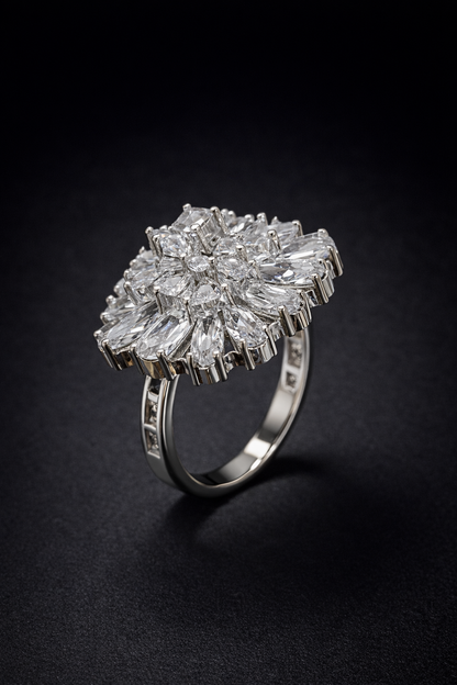 Vellorene Ice Bloom Crystal Ring – Silver-Tone Statement Fashion Jewellery