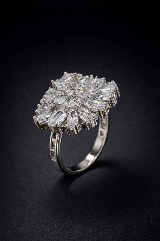 Vellorene Ice Bloom Crystal Ring – Silver-Tone Statement Fashion Jewellery