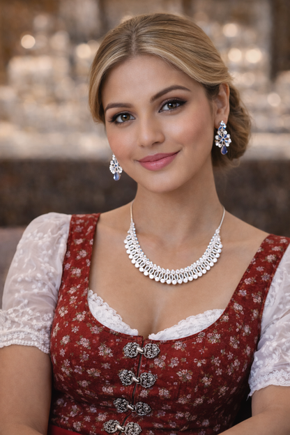 pearl crystal choker necklace set silver tone vellorene jewellery with blue stone earrings