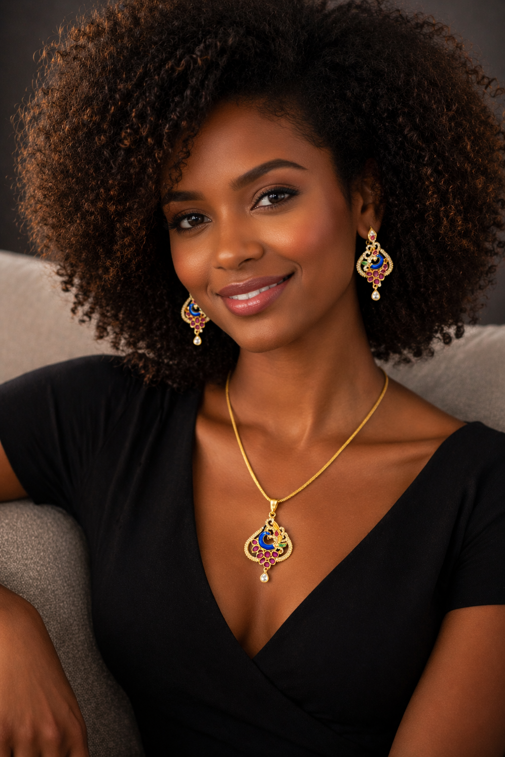 Vellorene Royal Enamel Peacock Pendant Set – Gold Tone Designer Necklace