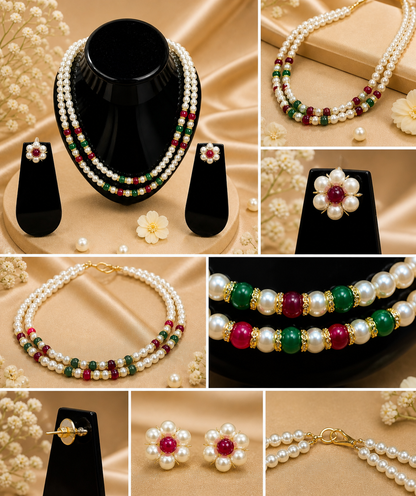 Vellorene Pearl Ruby Emerald Necklace Set