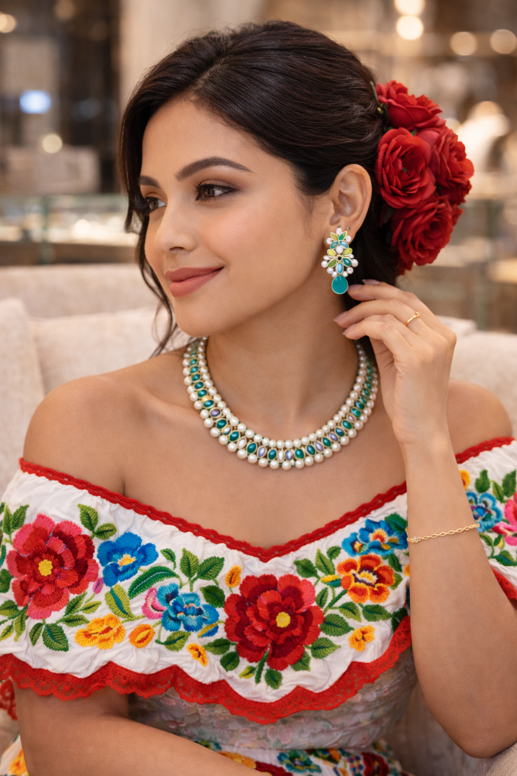 turquoise pearl choker necklace set vellorene jewellery with matching earrings