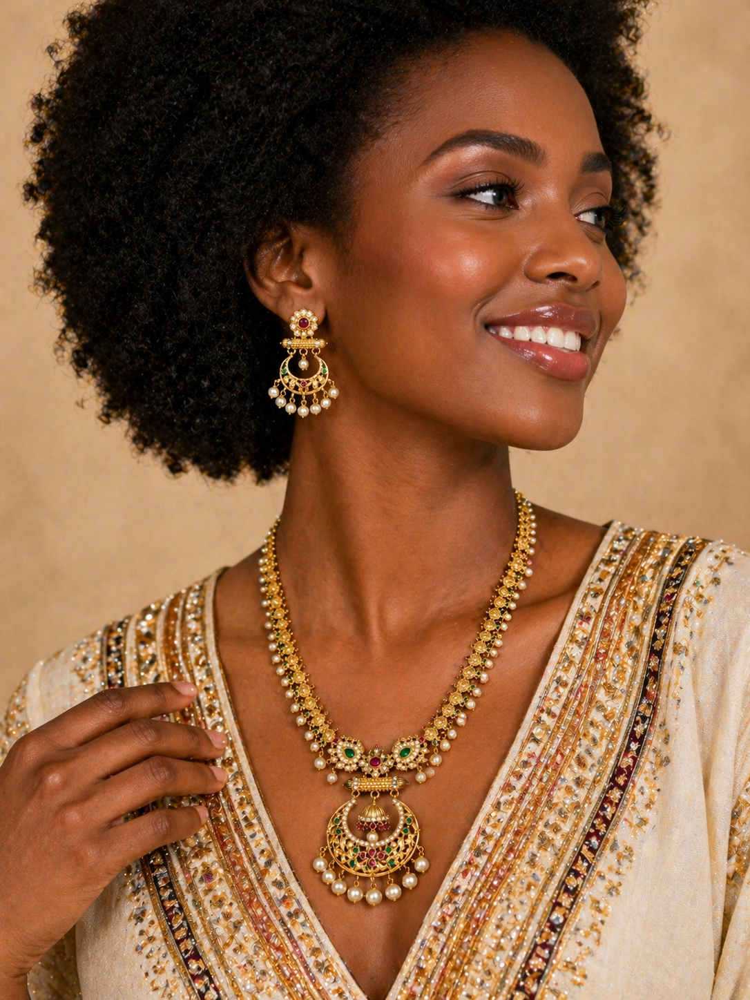 Vellorene Rajwadi Jhumka Pendant Necklace Set