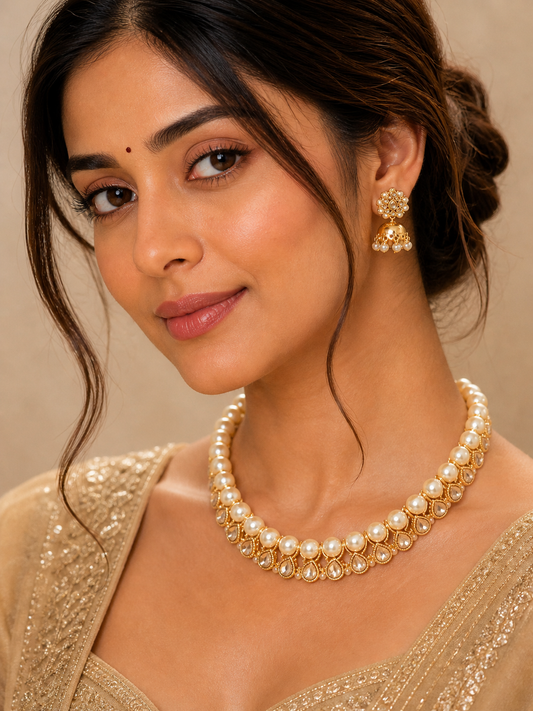 Vellorene Regal Pearl Kundan Necklace Set