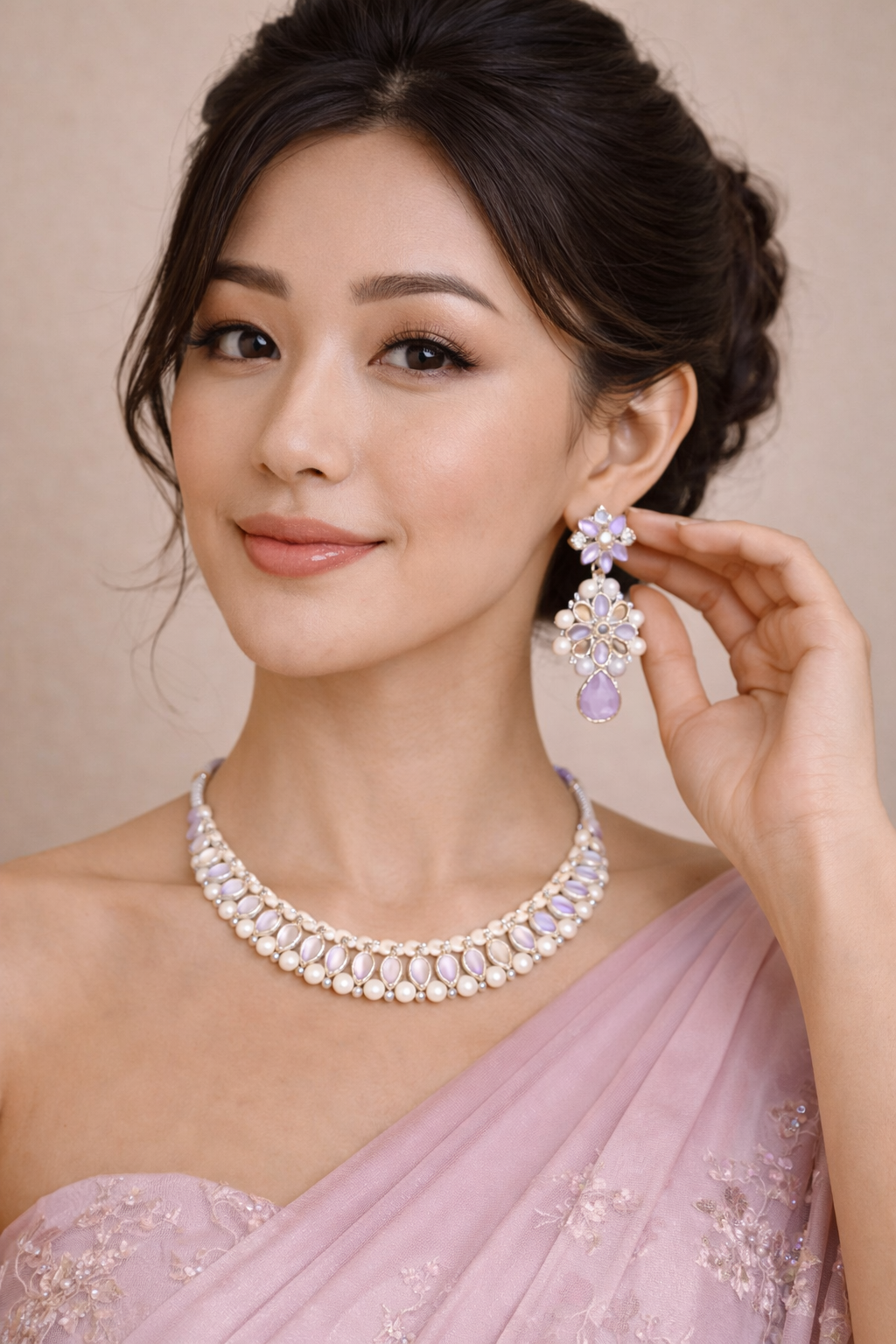 Vellorene Pastel Pearl Kundan Jewellery Set