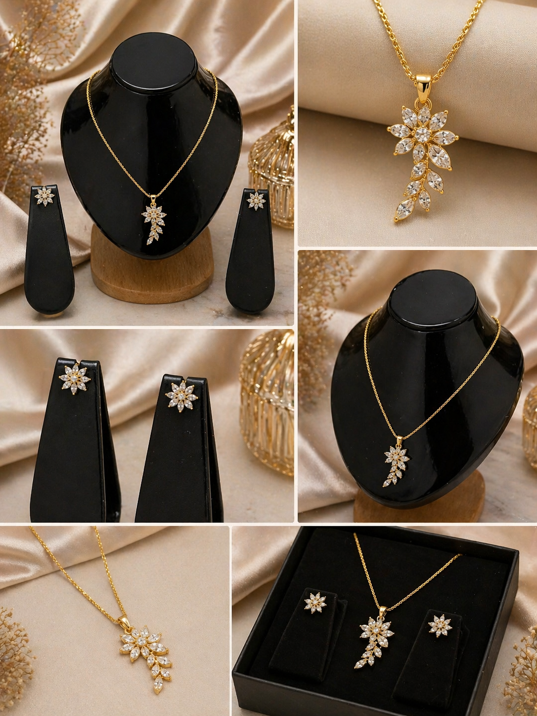 Vellorene crystal floral drop pendant necklace on black display bust