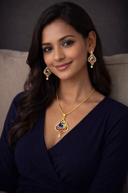 Vellorene Royal Enamel Peacock Pendant Set – Gold Tone Designer Necklace