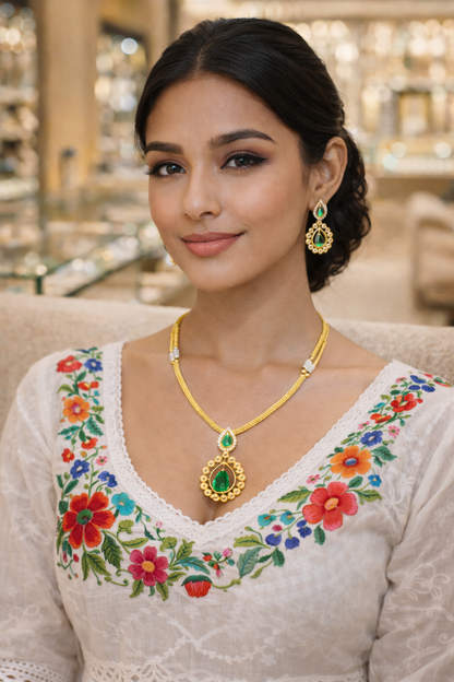 vellorene emerald drop pendant necklace set gold tone green stone minimal ethnic fashion jewelry with earrings