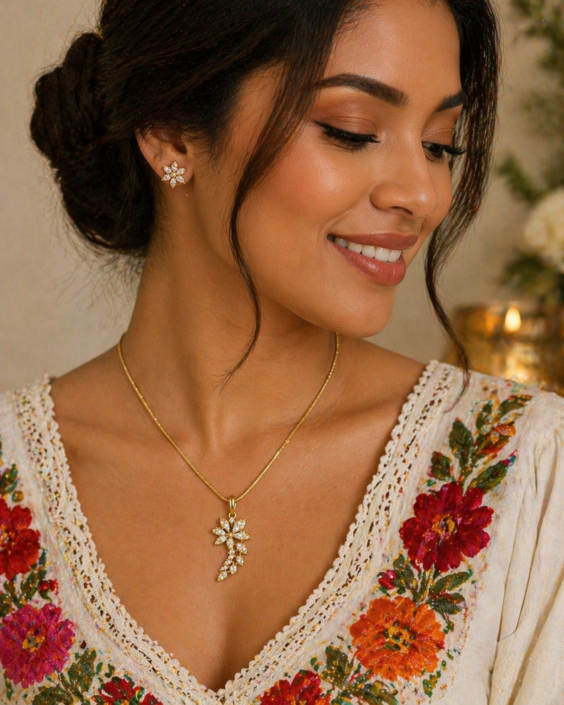 Vellorene Crystal Floral Drop Pendant Set – Elegant Sparkle Statement