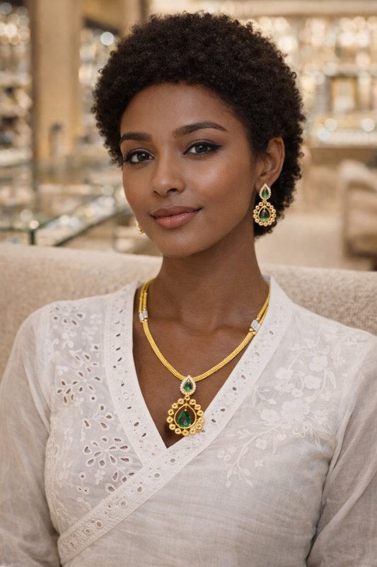 Vellorene Emerald Drop Pendant Necklace Set – Elegant Minimal Ethnic Jewelry