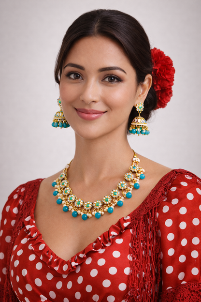 vellorene turquoise floral necklace set gold tone fashion jewelry with pearl drops and jhumka earrings