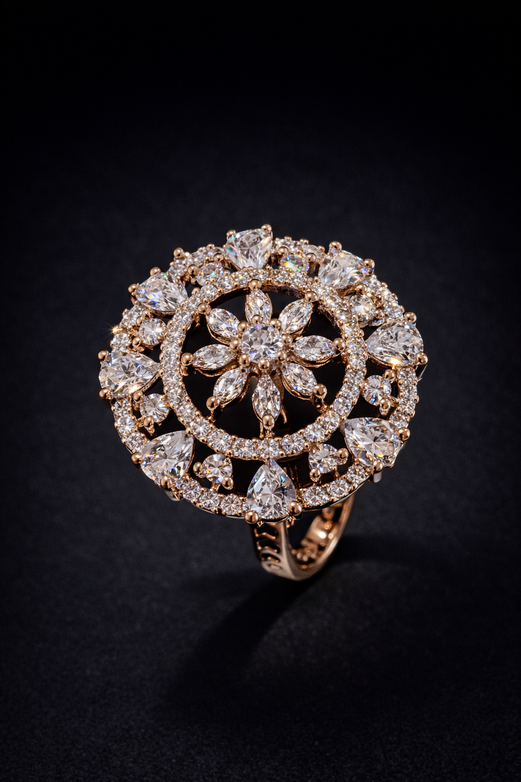Shop Vellorene Celestia Orbit ring with rose gold halo and floral crystal design. Premium fashion jewellery for global styling and gifting.