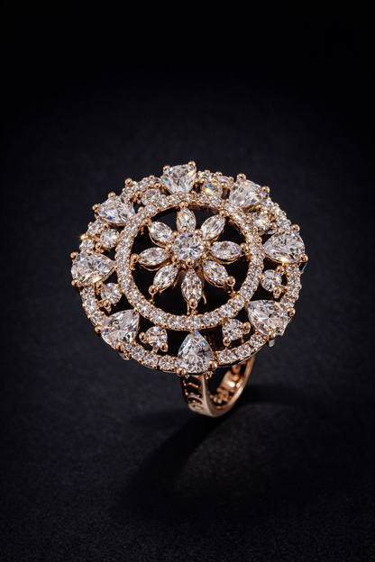 Shop Vellorene Celestia Orbit ring with rose gold halo and floral crystal design. Premium fashion jewellery for global styling and gifting.