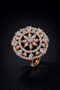 Shop Vellorene Celestia Orbit ring with rose gold halo and floral crystal design. Premium fashion jewellery for global styling and gifting.