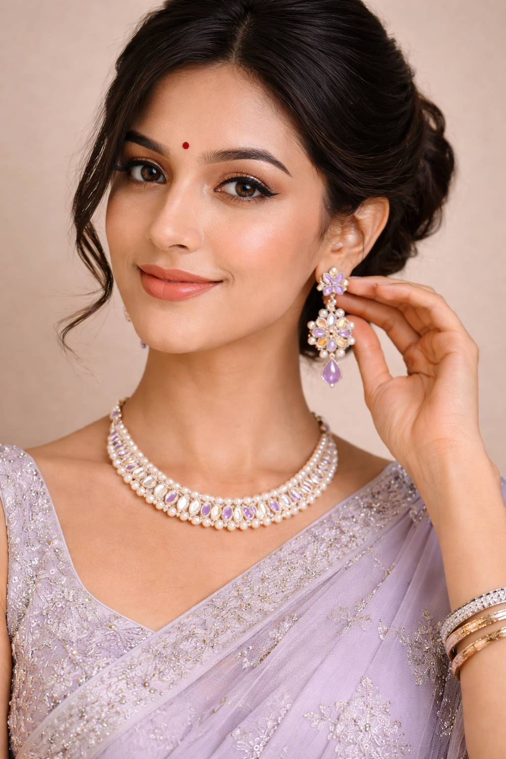Vellorene Pastel Pearl Kundan Jewellery Set
