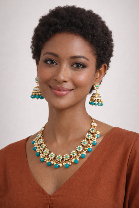 Vellorene Turquoise Floral Necklace Set – Festive Statement Fashion Jewelry