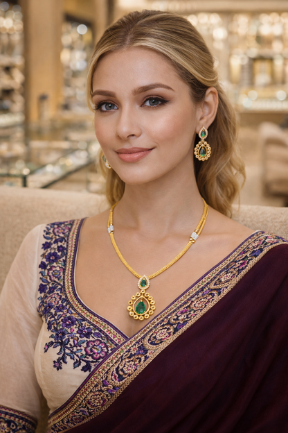 Vellorene Emerald Drop Pendant Necklace Set – Elegant Minimal Ethnic Jewelry