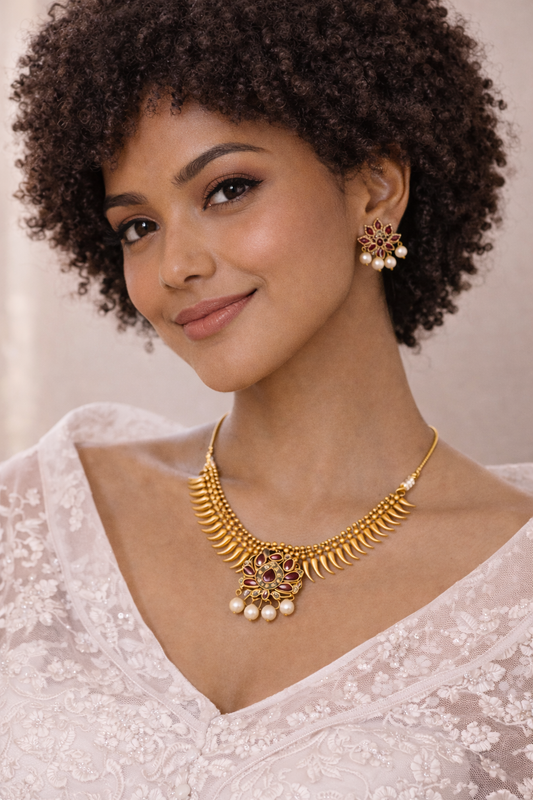 vellorene spike necklace set gold tone ruby stone pearl drop statement fashion jewelry with earrings