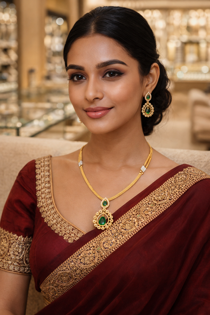Vellorene Emerald Drop Pendant Necklace Set – Elegant Minimal Ethnic Jewelry